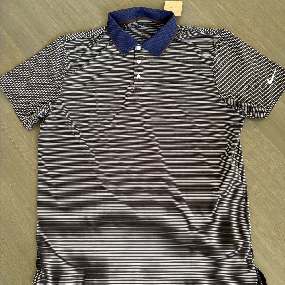 Nike Men's Tour Dri-FIT Polo Shirt - Brown and White Stripes with Blue Collar